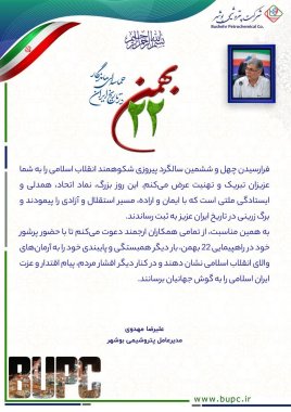 مهندس علیرضا مهدوی مدیرعامل پتروشیمی بوشهر تلاشگران عرصه صنعت را به شرکت در راه پیمایی 22بهمن دعوت کرد+تصویر