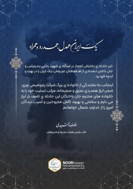 پیام دکتر غلامرضا جمشیدی مدیرعامل پتروشیمی نوری بمناسبت حادذثه نلخ اتش سوزی بندرعباس+تصویر